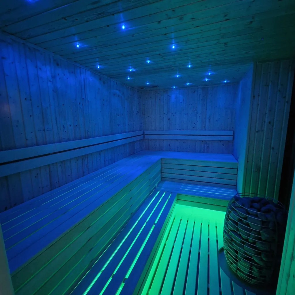 drewniana sauna fińska z piecem i zielono-niebieskim oświetleniem LED pod ławkami