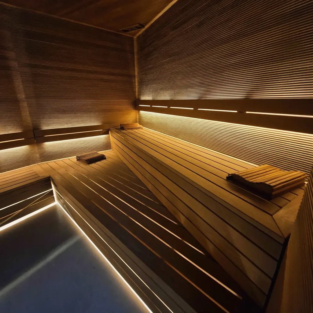 Nowoczesna sauna z ryflowanego termo drewna z liniowym oświetleniem LED i wielopoziomowymi ławami.